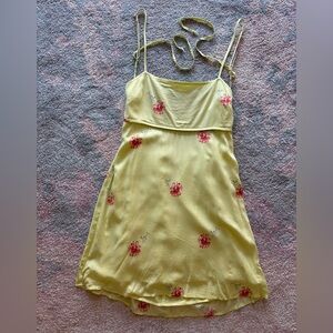 American Eagle Sun Dress Yellow-Green Floral Tie Back